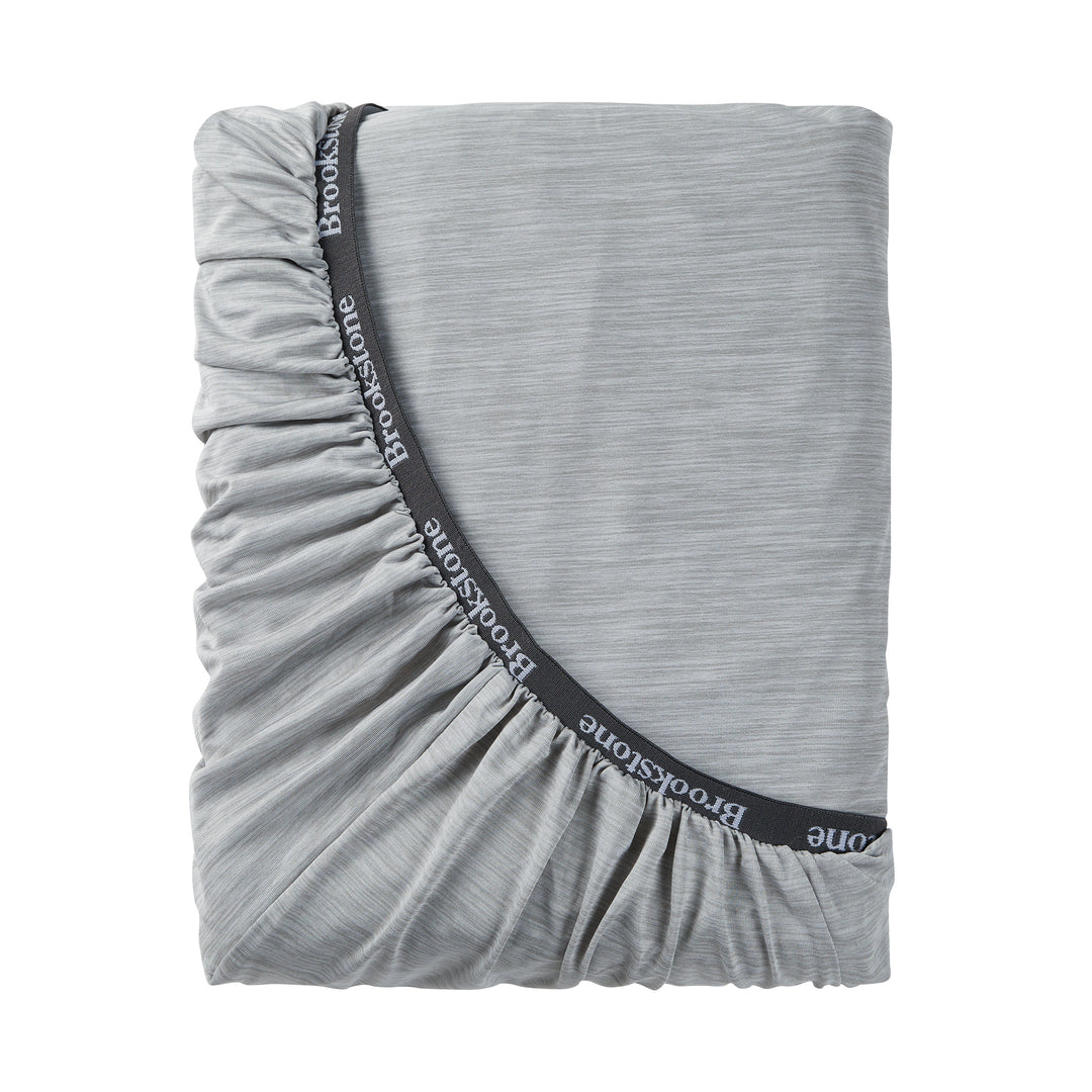 Gray fitted sheet with 'Brookstone' branding on a white background
