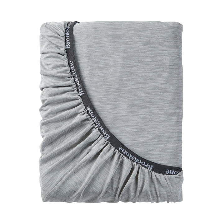 Gray fitted sheet with 'Brookstone' branding on a white background
