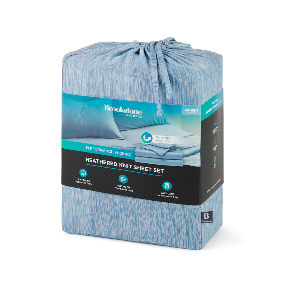Blue heathered knit sheet set packaging with Brookstone branding on a white background