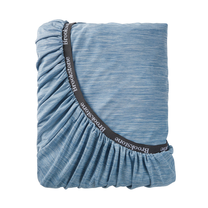 Blue fitted sheet with 'Brooksstone' branding on a white background