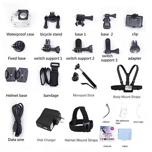 All PRO Action Sports Camera With 1080P HD and WiFi 18 PCS of Accessory Included