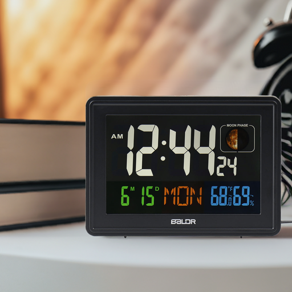 BALDR Atomic Alarm Clock – Large Digital Desk Clock with Thermometer, Humidity & Moon Phase Display