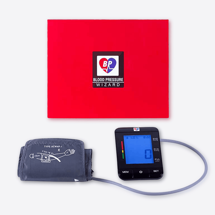 Wizard Research Blood Pressure Monitor with cuff, digital display, and red storage box