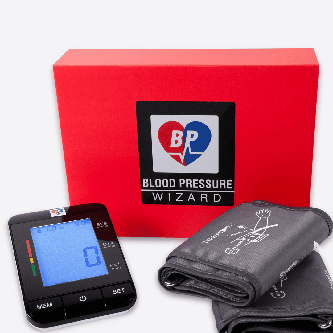 Clear digital display on Wizard blood pressure monitor showing systolic, diastolic, and pulse rate.