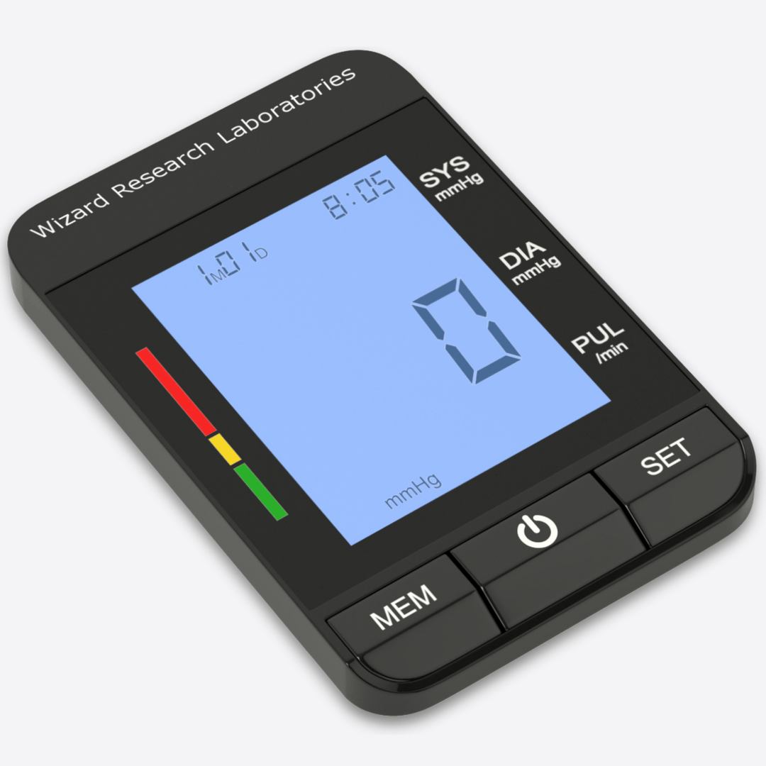 Wizard Research Blood Pressure Monitor close-up digital display screen with buttons and indicators