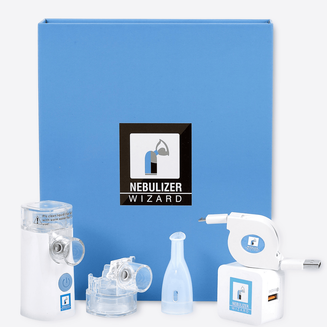 Wizard Research portable mesh nebulizer with accessories and branded box