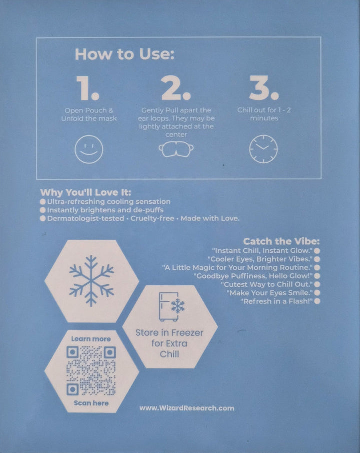 How to use single use cooling eye mask instructions on blue background with freezer storage tips
