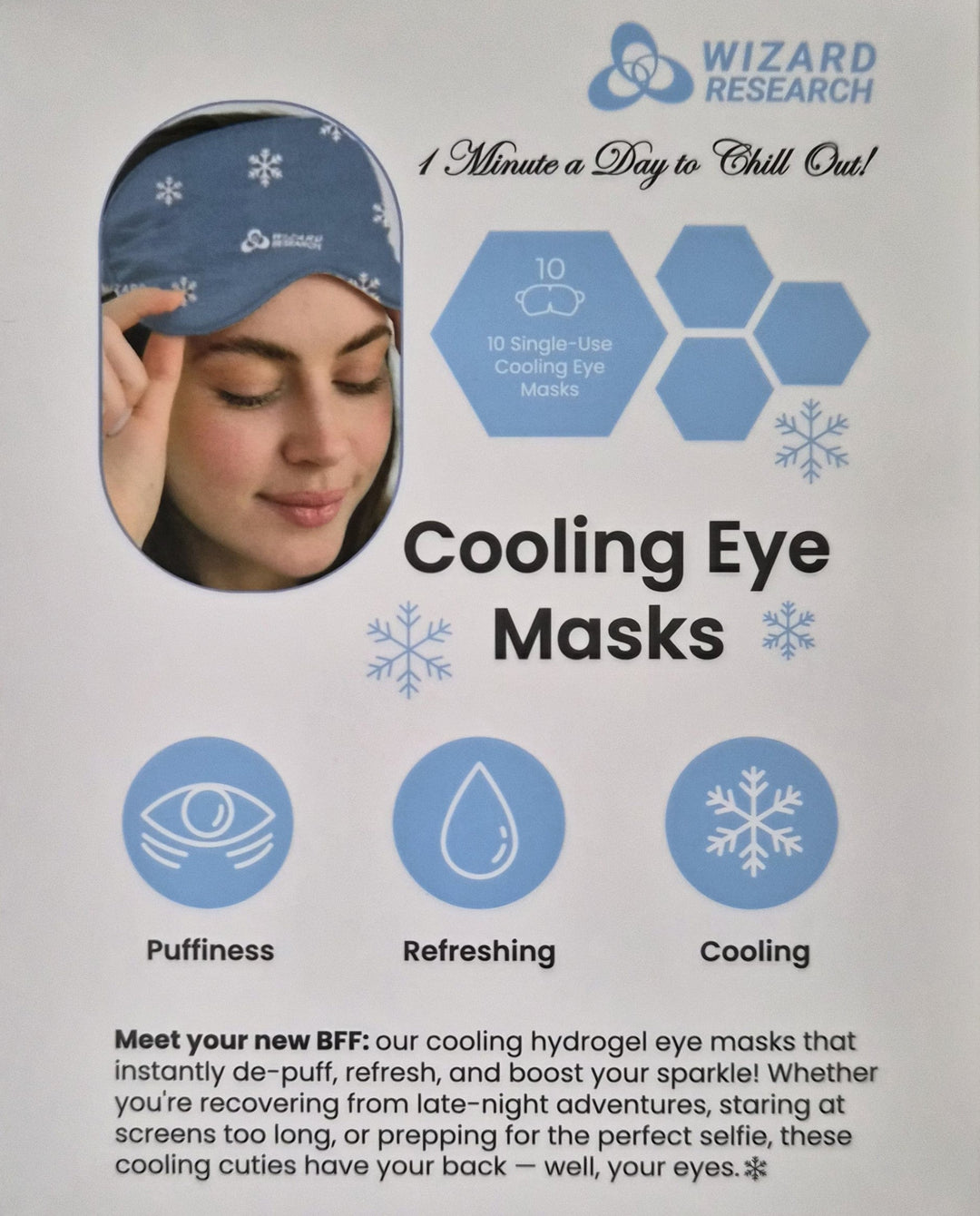 Wizard Research single use cooling eye masks with woman wearing mask
