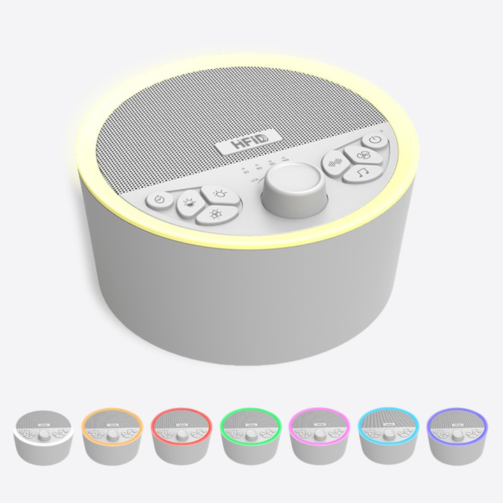 White circular noise machine with RGB night light and top buttons, 7 color modes