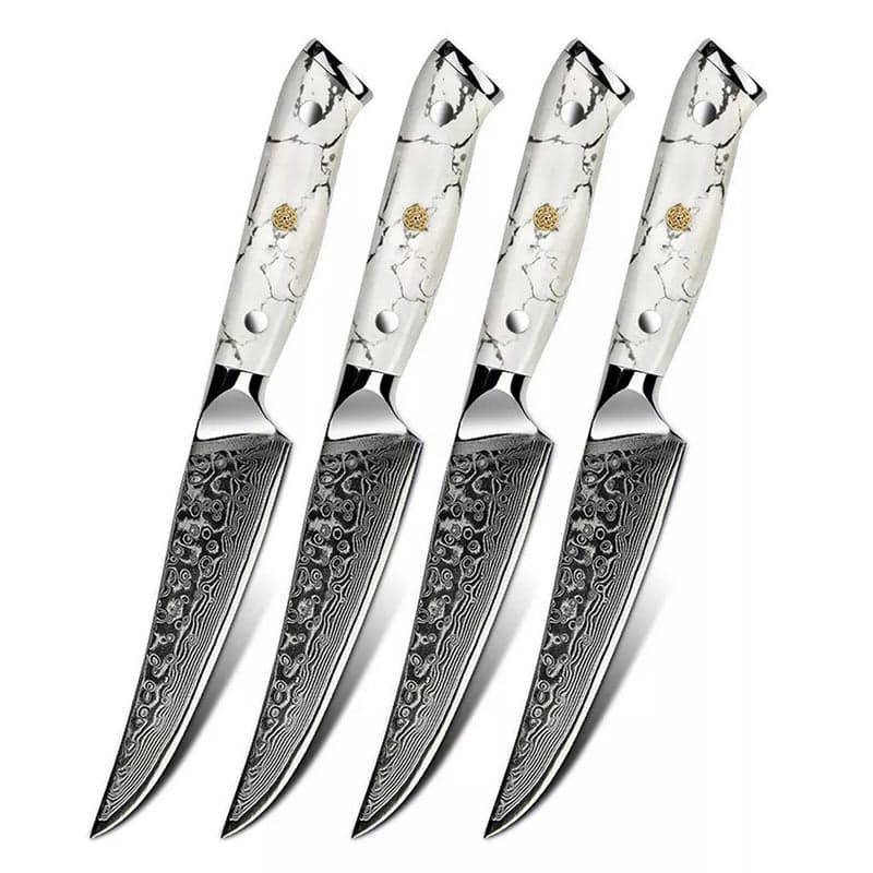 9 Knife set with a Rosy Marble Handle, a Black Cubic Zirconia Stone at the  Back of the Knife and a Black Onyx and Stainless Steel Decorative Rings