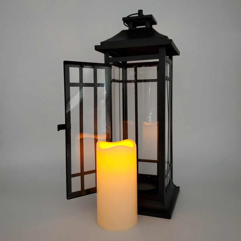 Battery-Operated 14 Black Window Metal Lantern with LED Candle