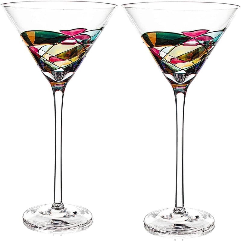 Hand Painted Stained Glass Martini Glasses 8 oz - Crystal Glass with S
