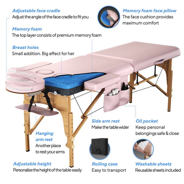 Luxton Home Premium Memory Foam Massage Table with Rolling Carrying Travel Case, Washable Sheets and More - Thicker and
